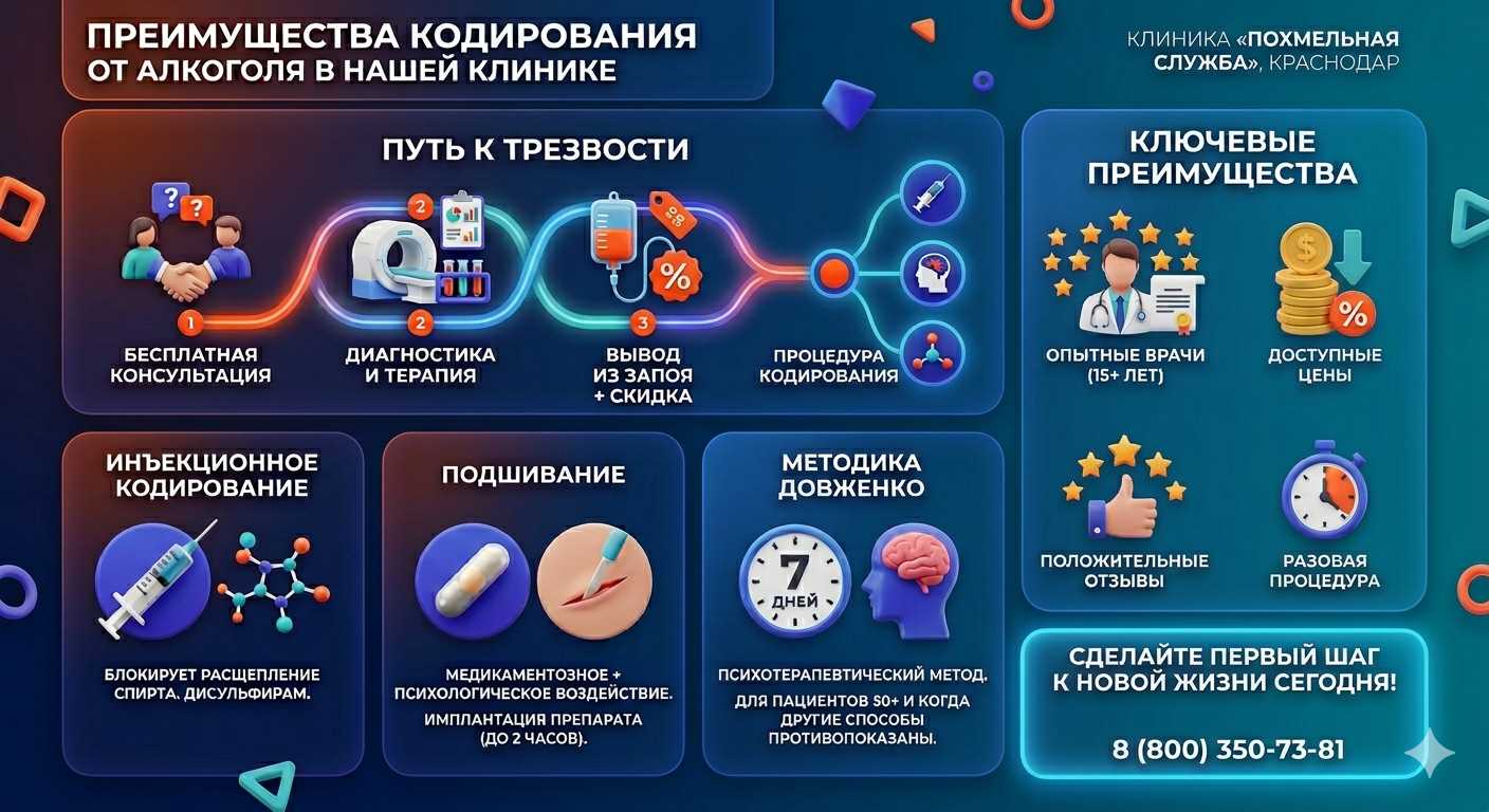 Инфографика о методах кодирования от алкоголя в Яранске: инъекции, подшивание, метод Довженко. Преимущества клиники и этапы лечения.