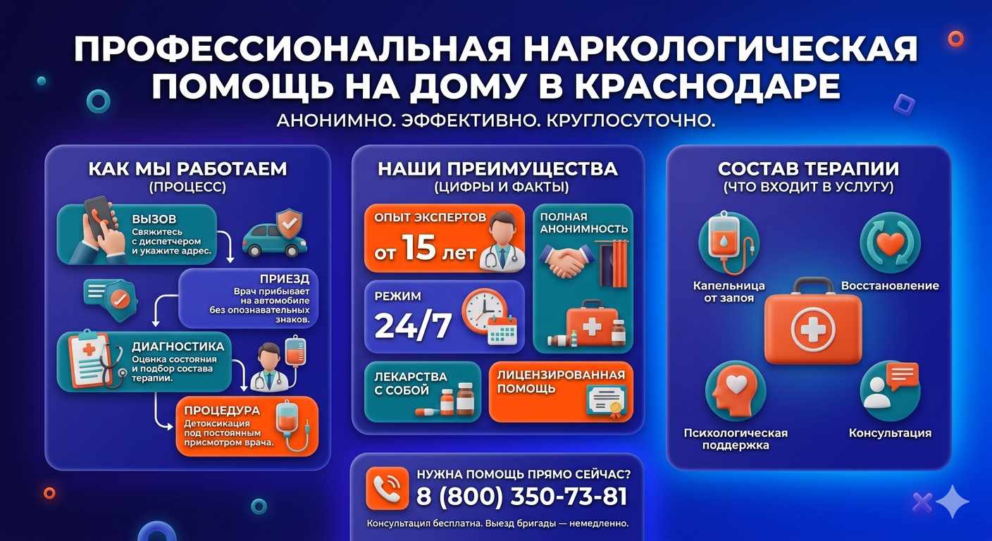 Инфографика о принципах лечения алкоголизма на дому в Яранске: этапы вызова нарколога, преимущества анонимной детоксикации и состав медицинской помощи.